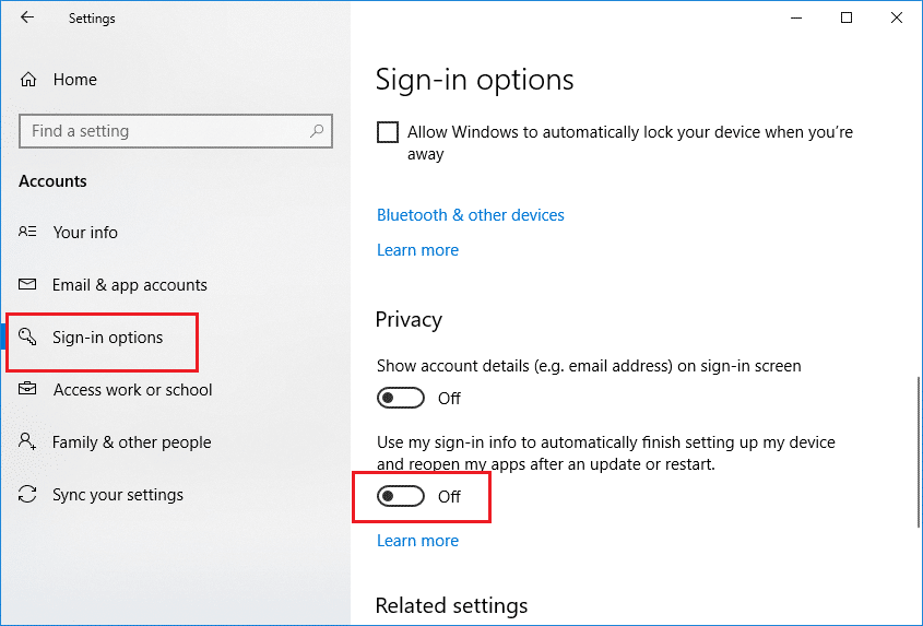 The setting that will turn off Windows 10's app re-opening feature.