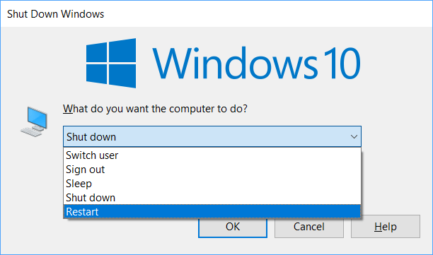 You can use Alt+F4 to restart Windows 10.