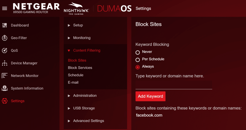 No, the XR500 cannot block Facebook or any secure websites at all.