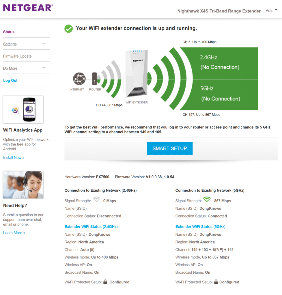 The web interface allows access to other settings of the extender, including updating its firmware.