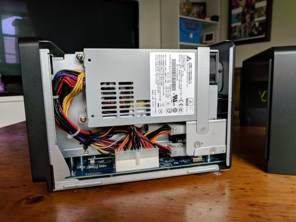 The Synology DS1618+'s right side without the cover. Note the power supply.