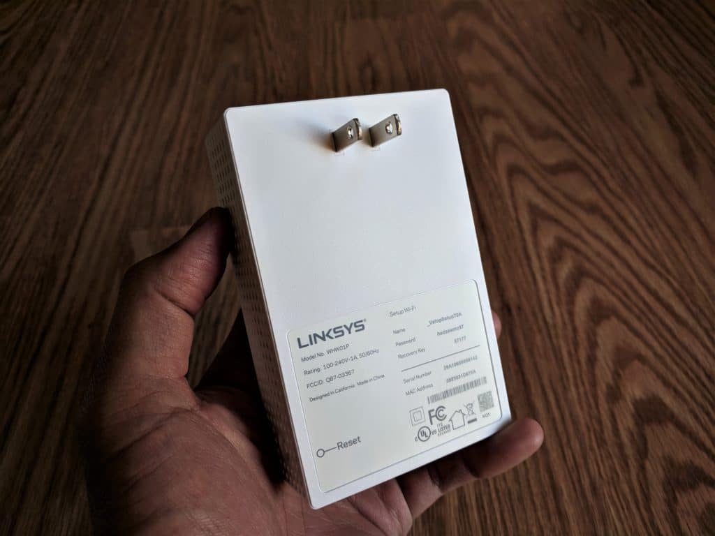 The Linksys Velop Plug-in satellite unit (node) is a bulky two-prong plug-in device with no network port at all.