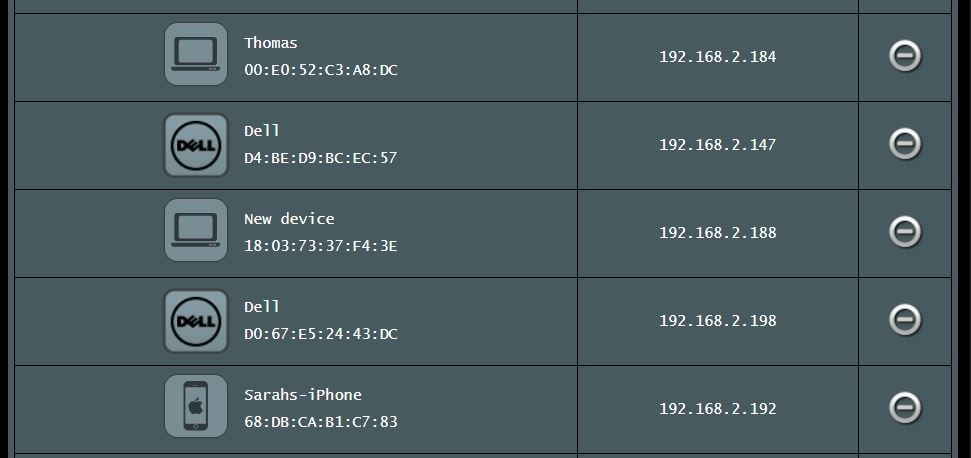 An example of a connected client list within a router's web interface. Note the MAC and IP addresses.