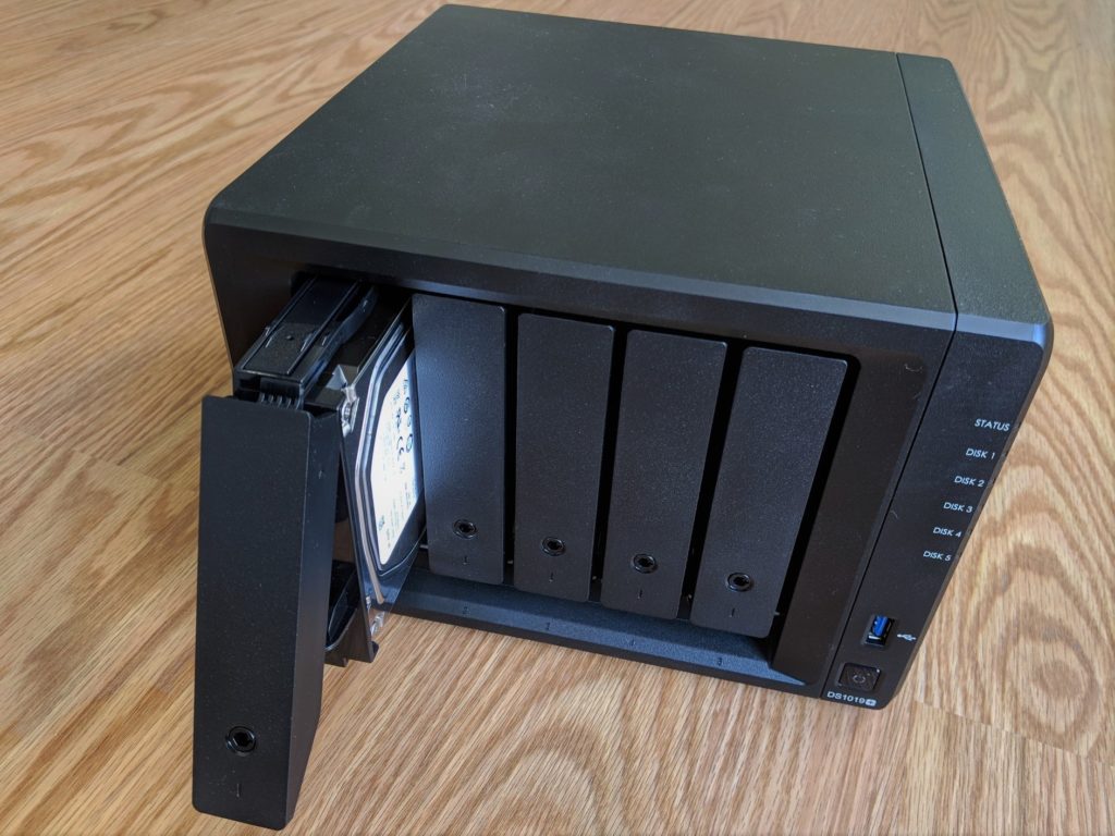 The Synology DS1019+ has five front-facing drive bays.