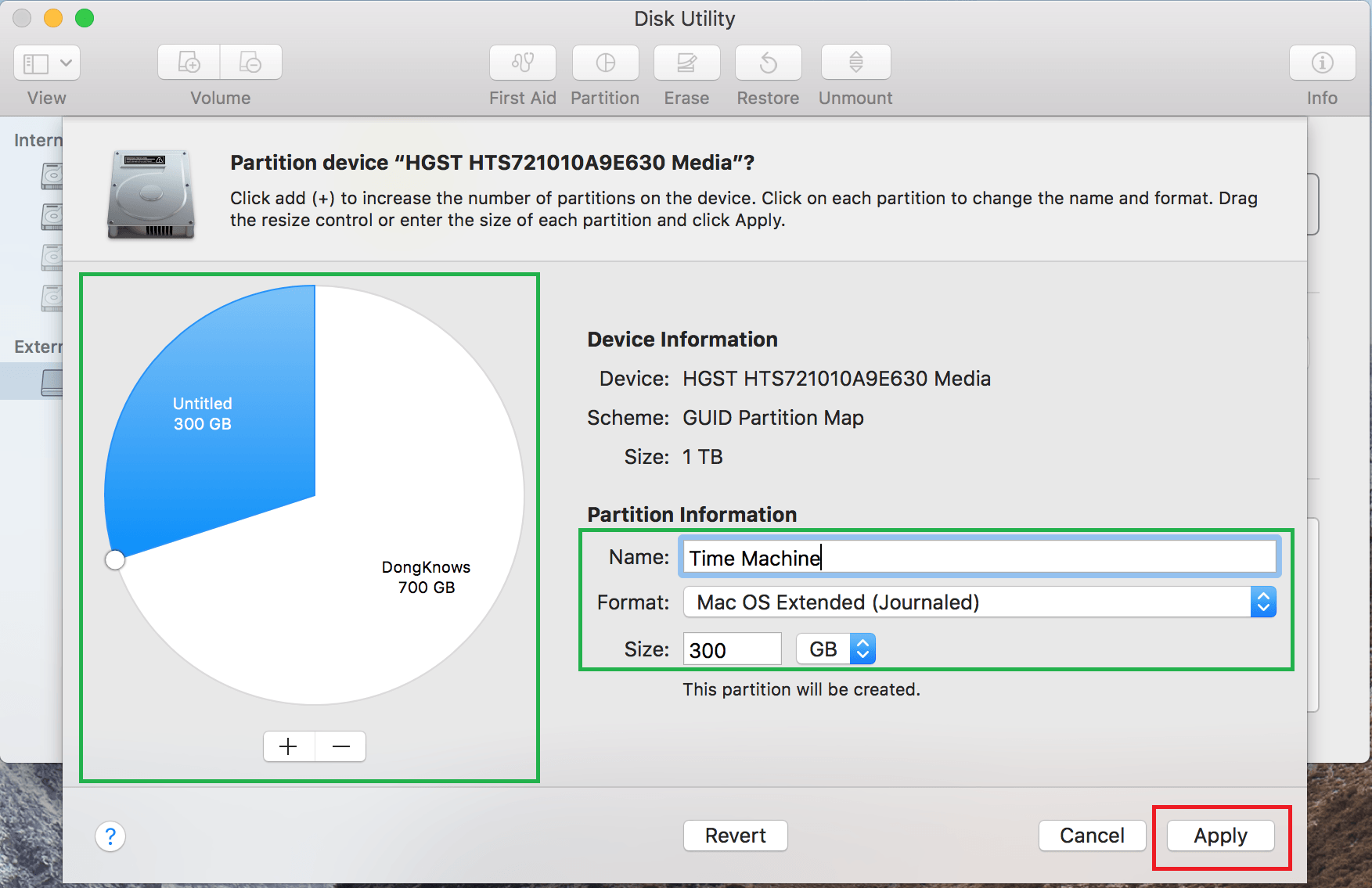 Select Name, Format, and Size for the new Partition.