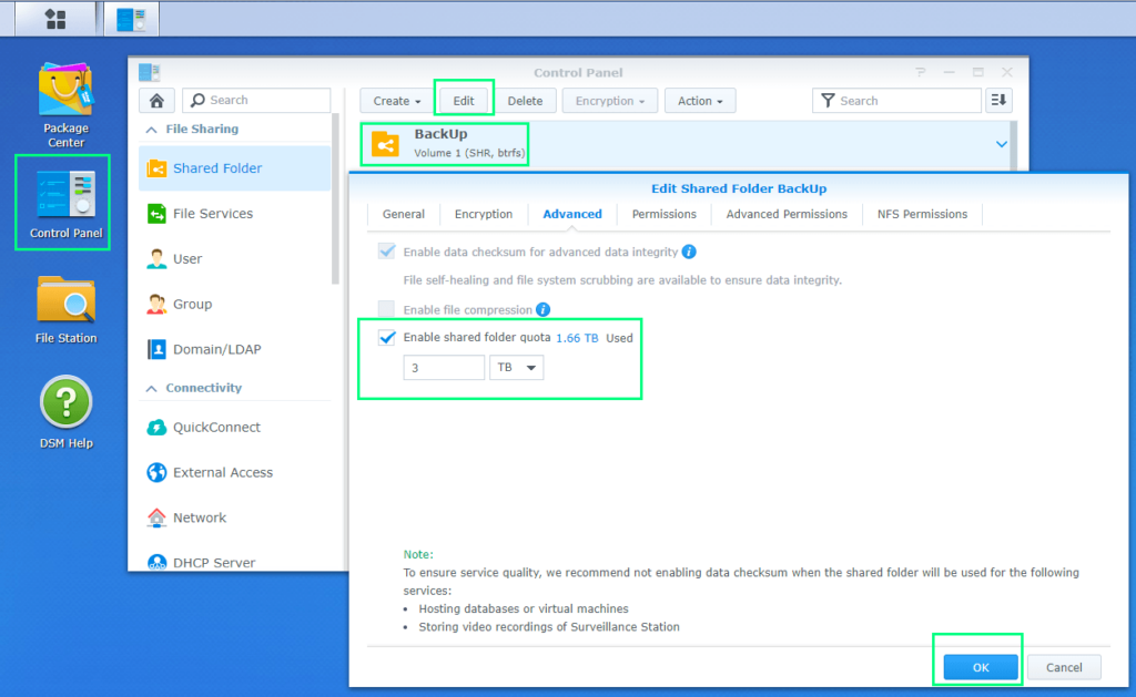 You can easily set a quote for a share folder in a Synology NAS server.