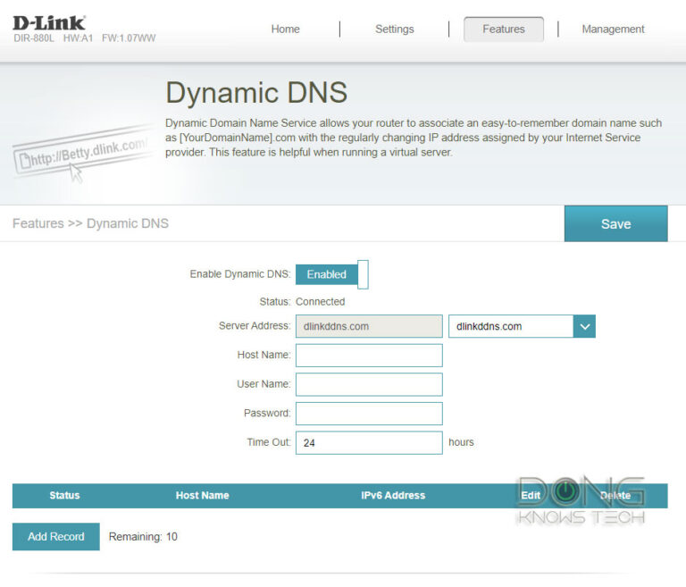 D-Link Dynamic DNS: The service's section in the web interface of a router.