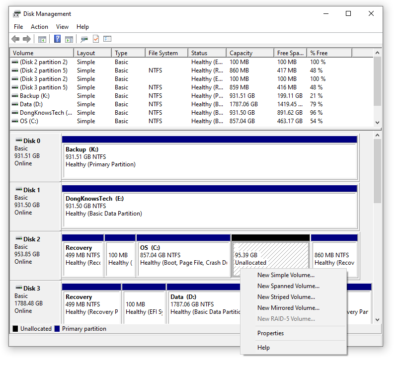 Disk Management Unallocated Menu