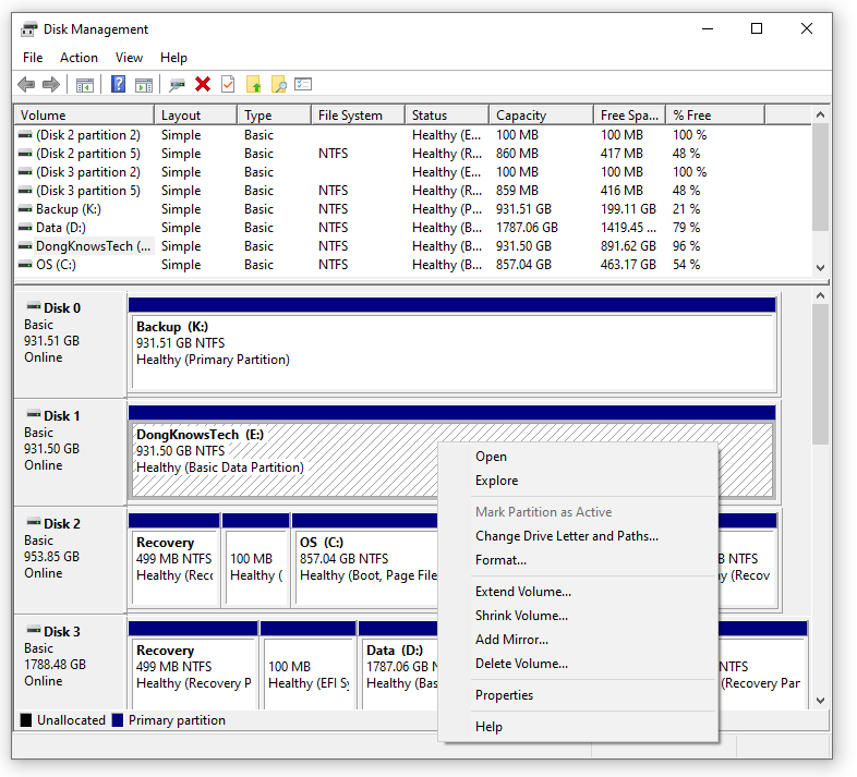 Disk Management Volume Menu