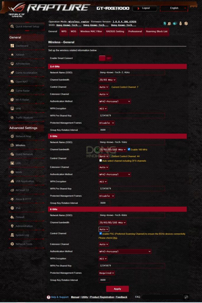 Asus GT-AXE11000 Wi-Fi Settings