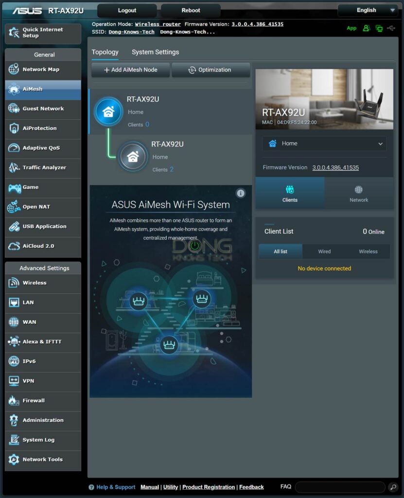 Asus RT-AX92U AiMesh Section