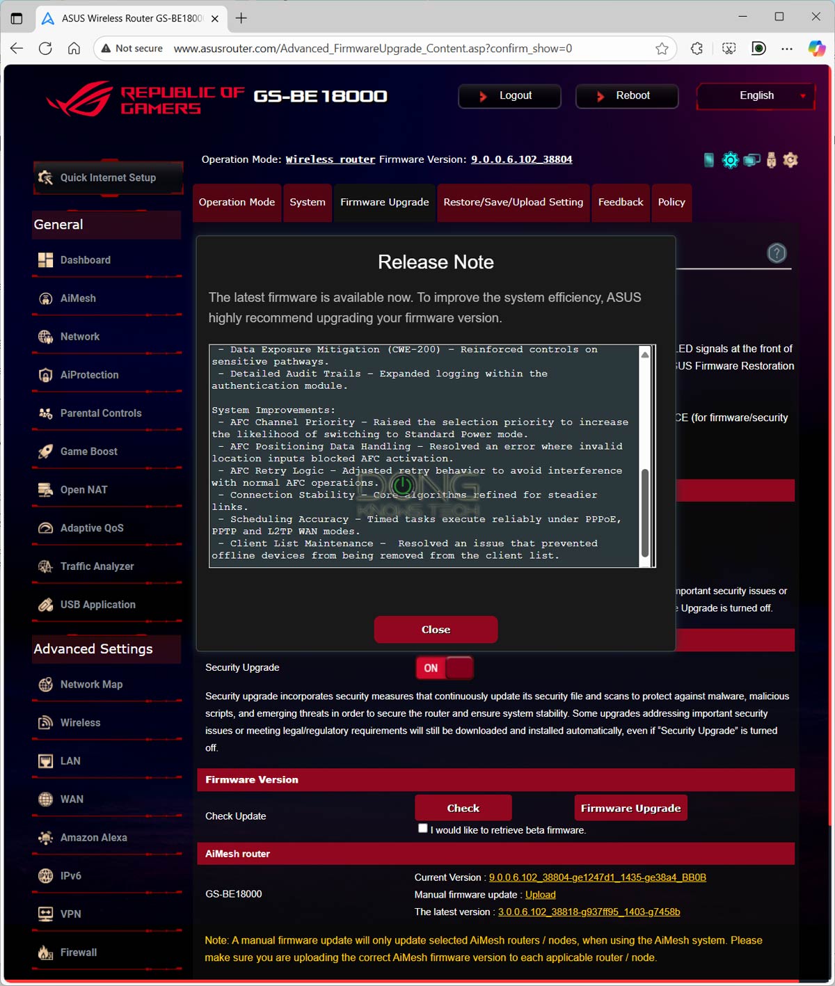 ASUS ROG STRIX GS-BE18000 Review: An Exciting Consumer-Grade Router with Real AFC Support 9 ASUS GS BE18000 firmware update release notes