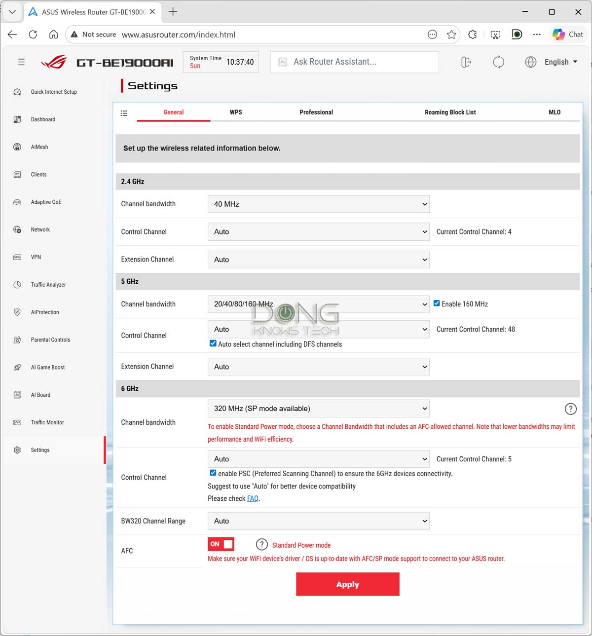 ASUS GT-BE19000AI AFC enabled