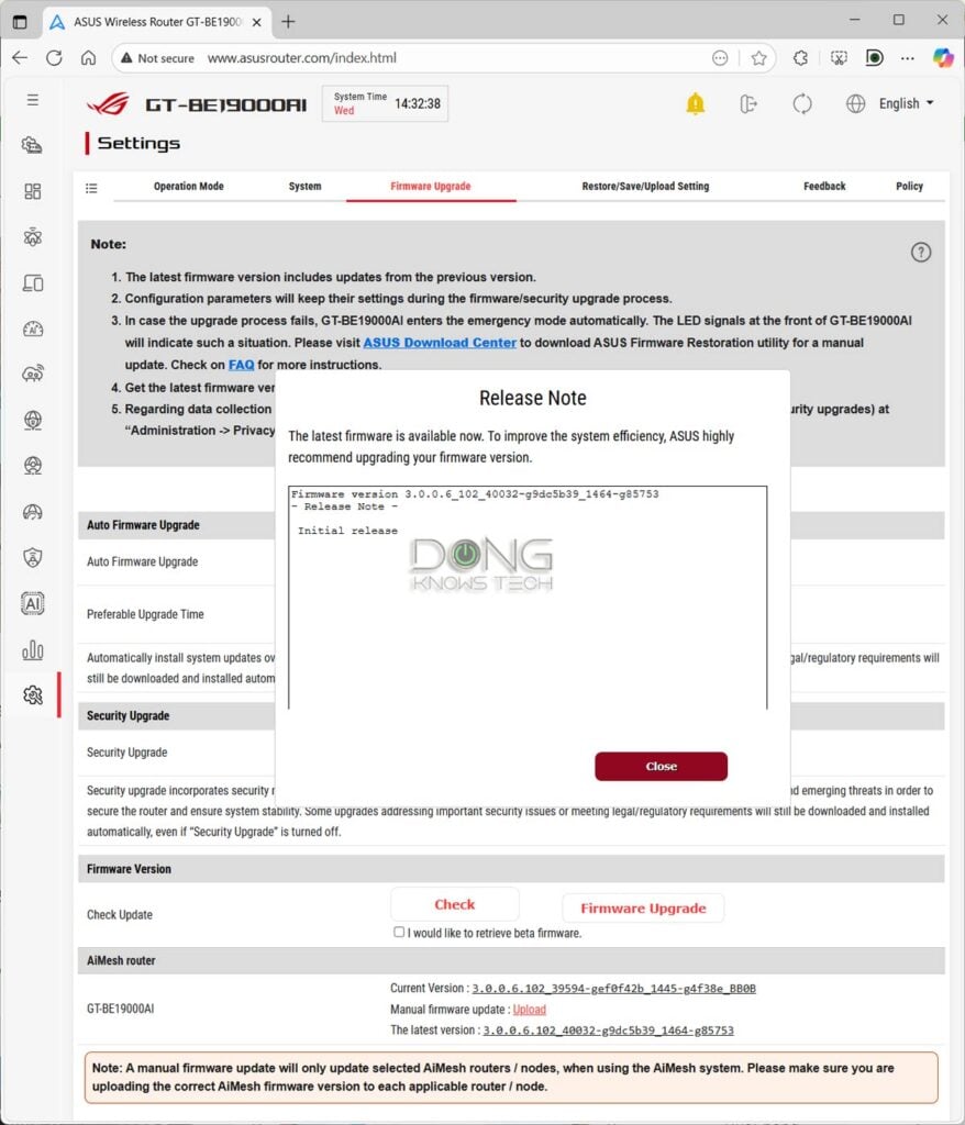 ROG Rapture GT-BE19000AI Review (vs. GT-BE98 Pro): ASUS's Best, Yet Imperfect, Wi-Fi 7 Router 15 ASUS GT-BE19000AI Firmware Update