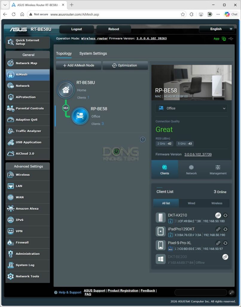 ASUS RP-BE58 working as an AiMesh node in MLO mode