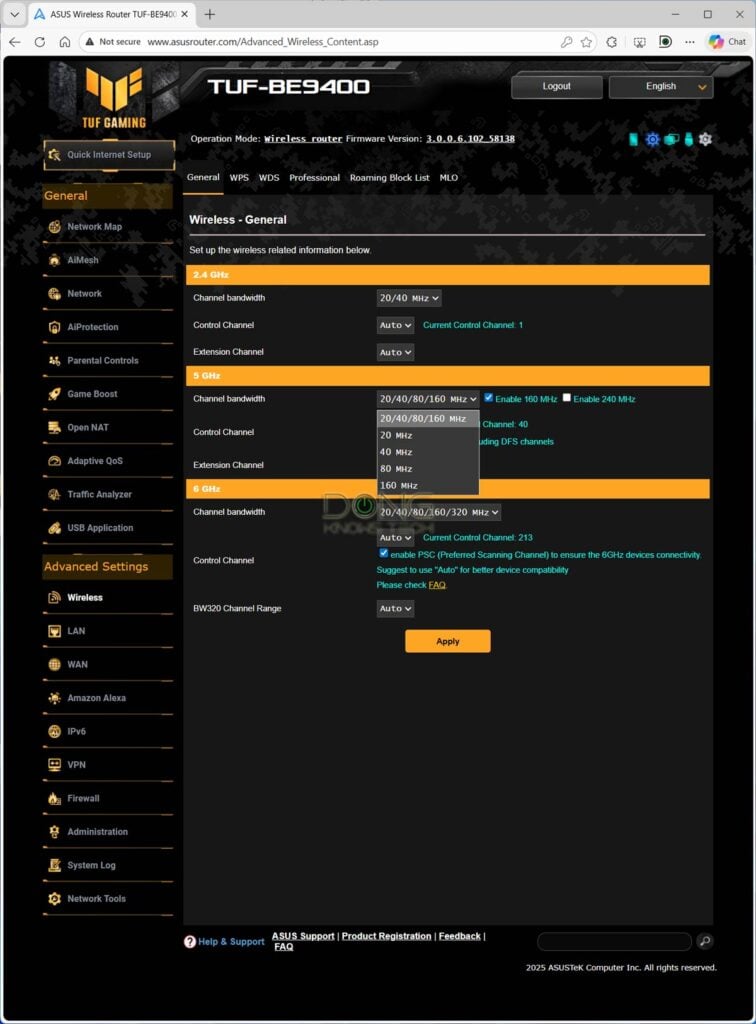 ASUS TUF BE9400 Wi Fi Settings