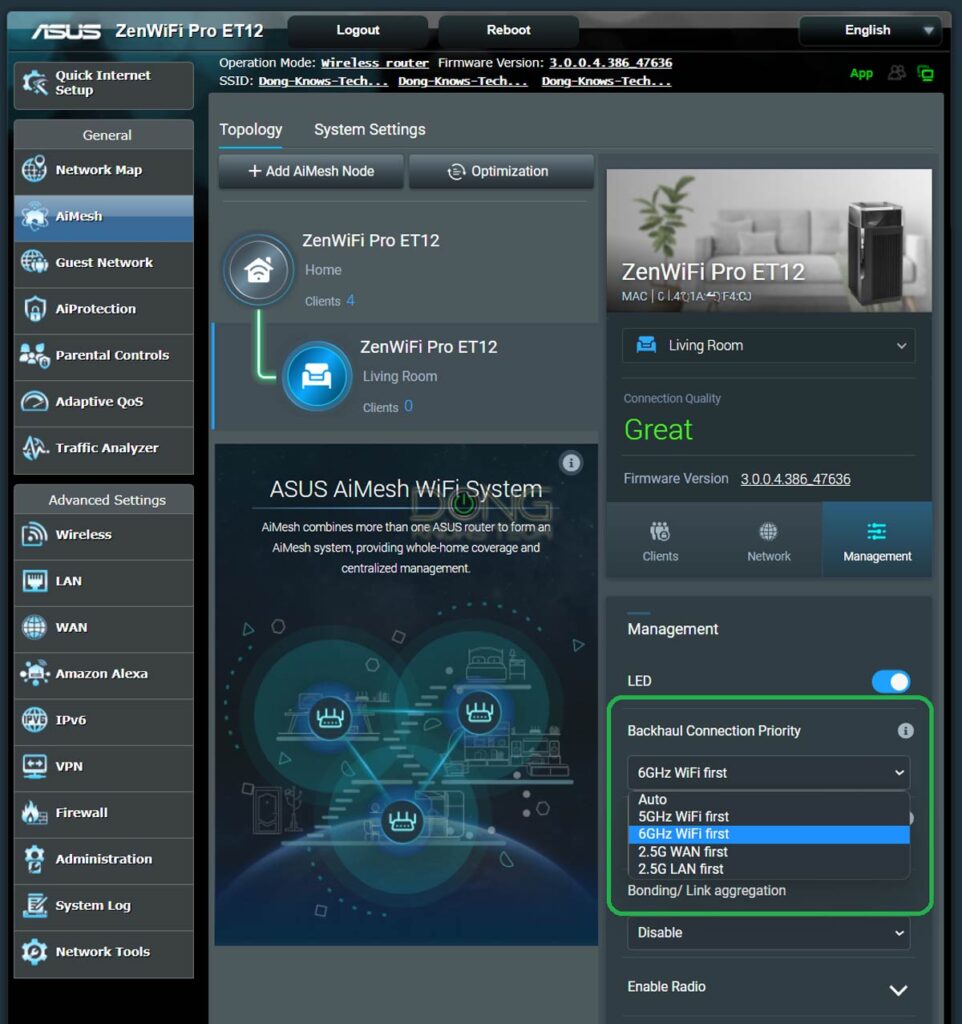 AiMesh Backhaul Connection Priority via the ZenWiFi Pro ET12