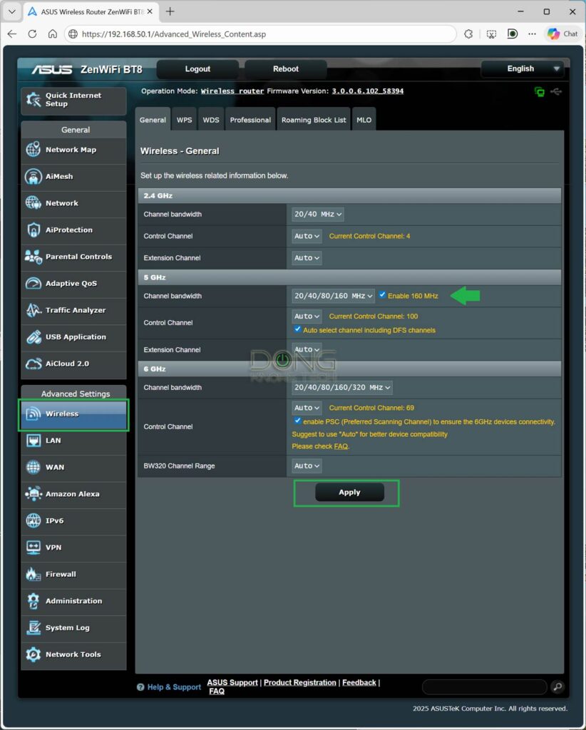 Aimesh setup guide with ZenWiFi BT8 disable 160MHz