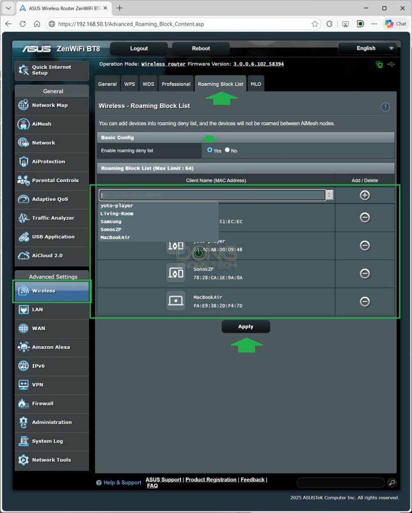 Aimesh setup guide with ZenWiFi BT8 roaming block list