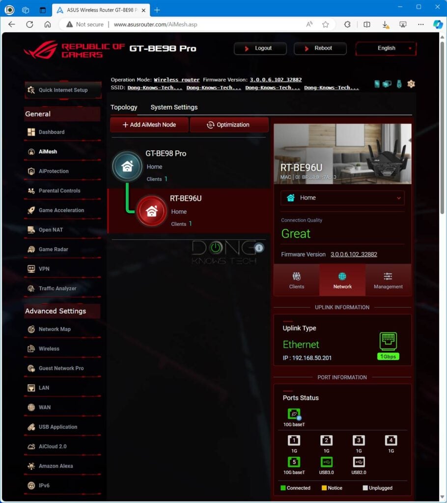 Multi-Gigabit AiMesh Combos: Available Hardware Options and Tips on Building Best-Performing ASUS Wi-Fi System 3 ASUS GT-BE98 Pro Interface AiMesh
