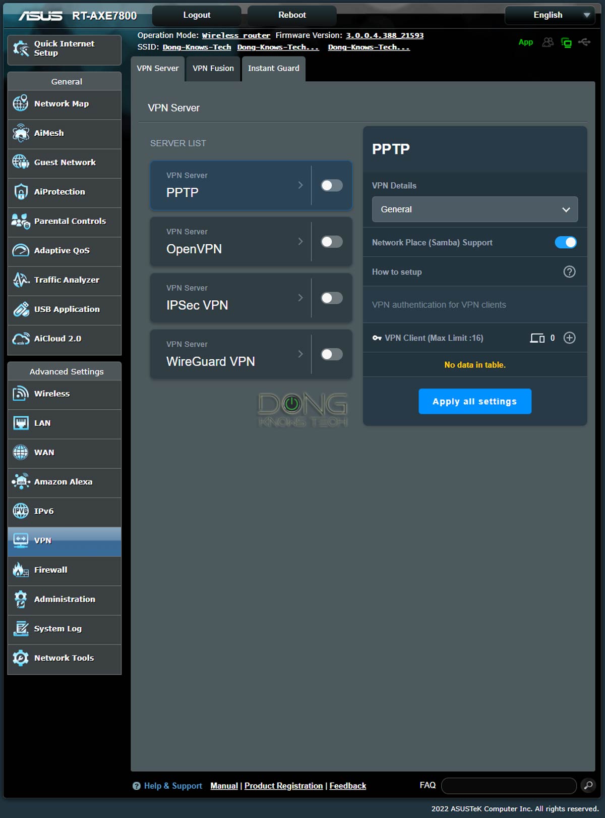 Asus RT-AXE7800 Web User Interface VPN