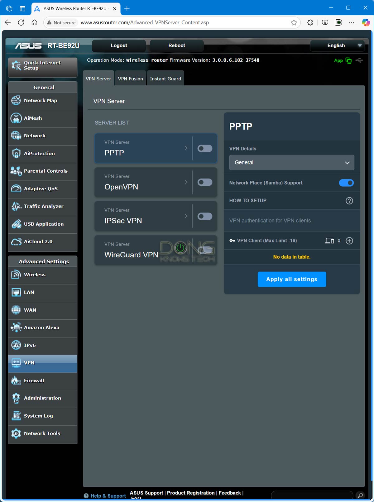 Asus RT BE92U ASUSWRT firmware VPN section