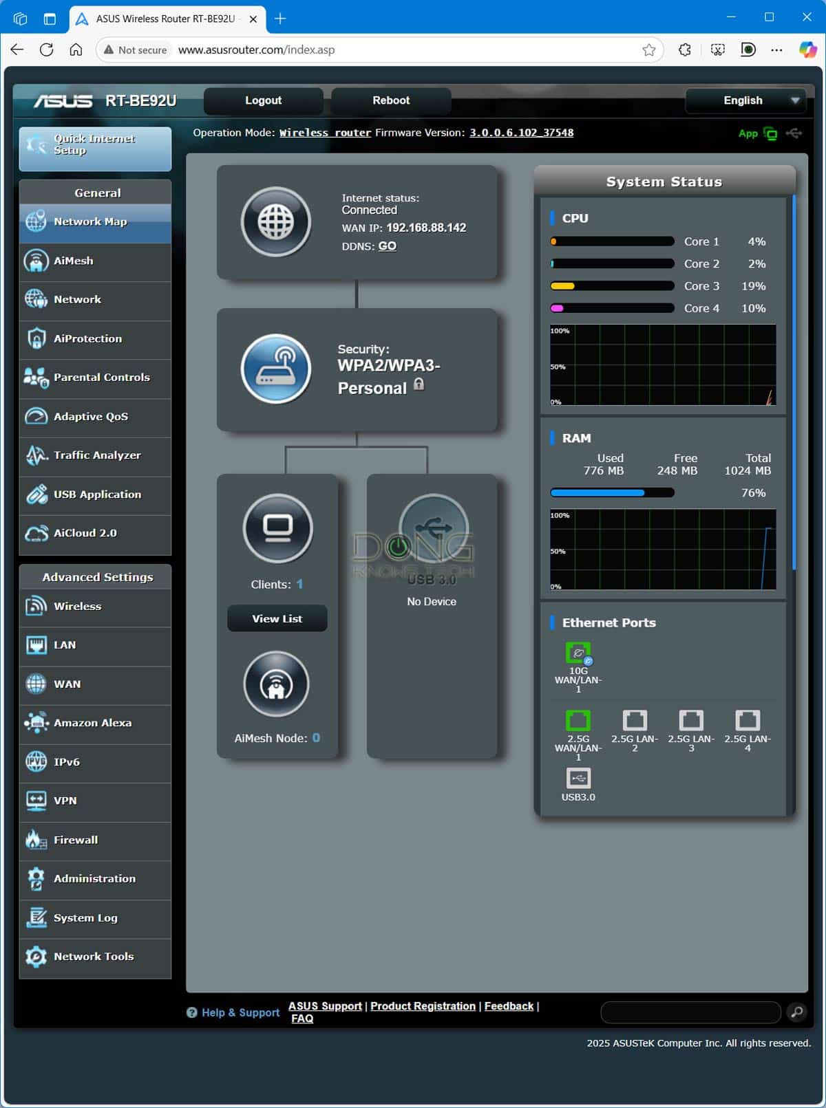 Asus RT BE92U ASUSWRT firmware main dashboard