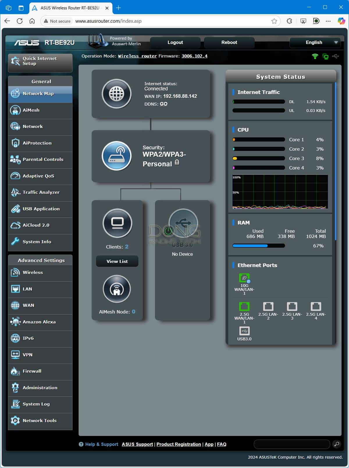 Asus RT BE92U Merlin firmware main dashboard