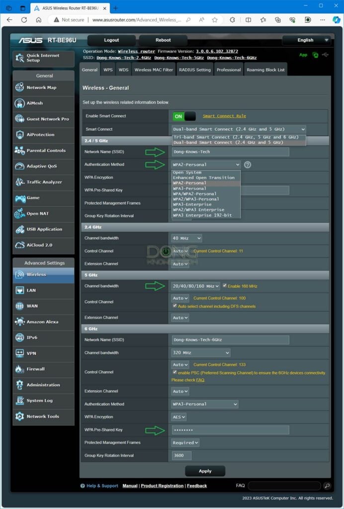 Wi-Fi router swapping: The Wi-Fi settings of an Asus router