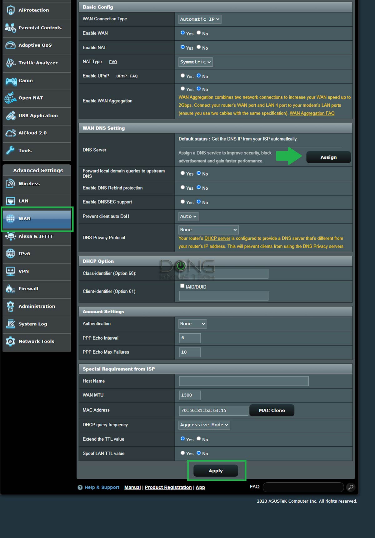 Asus router DNS settings page