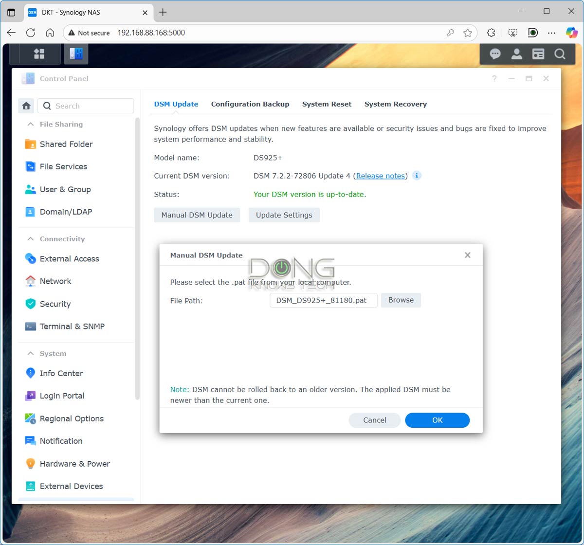 Synology Releases DSM 7.3 to Walk Back 2025 Storage Lock-In HCL Policy, Allowing All Servers to Use Third-Party Drives 6 DSM 7.3 installation using Update & Restore within the Control Panel