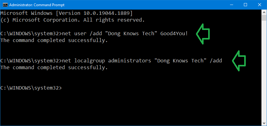 Here are two executed commands that create a new local user account and not a Microsoft Account and turn it into an administrator on a Windows computer