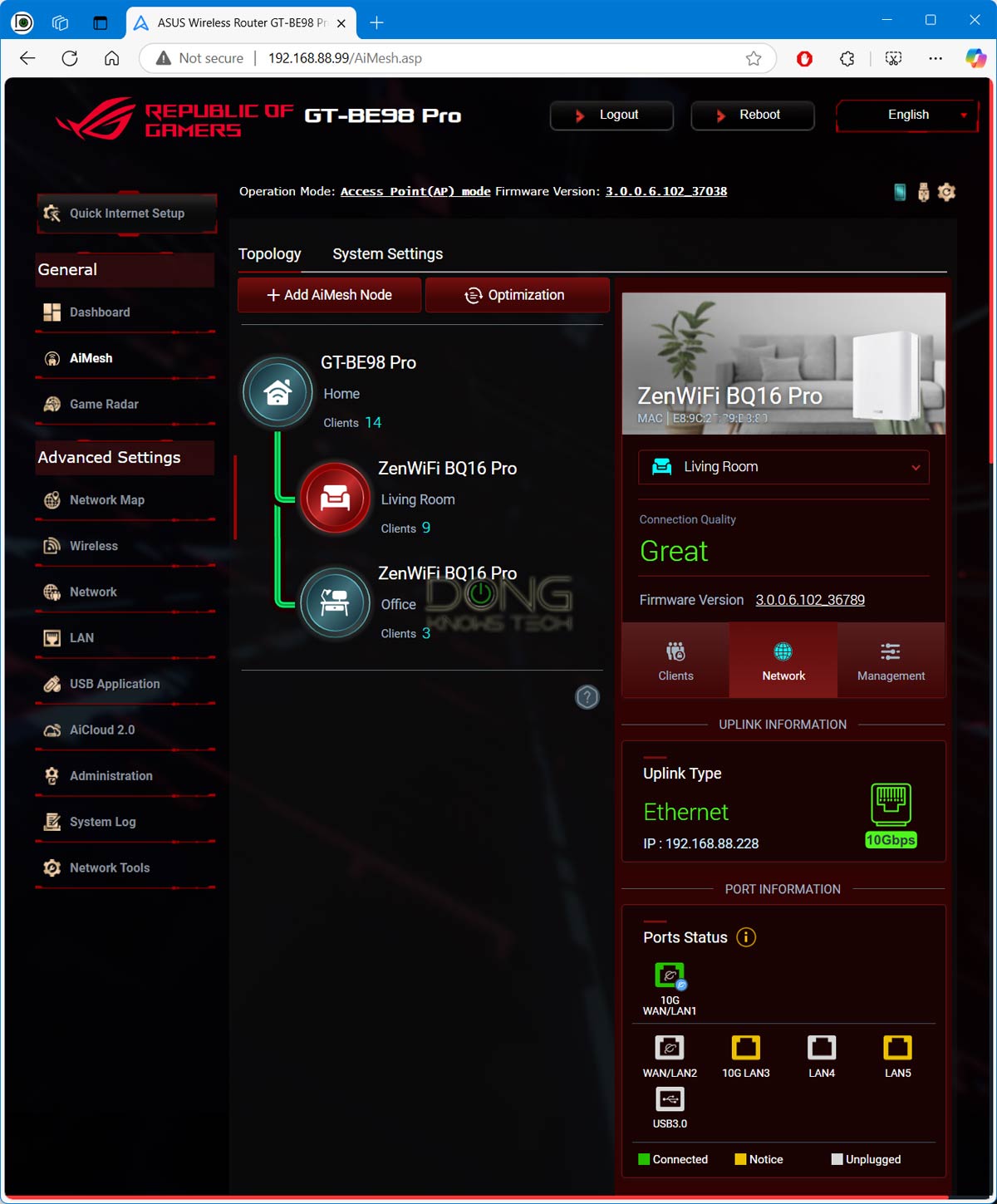 AiMesh Setup Guide: Getting Your Asus Wi-Fi System Up and Running Optimally 5 Here's an AiMesh setup with a GT-BE98 Pro as the primary unit and and a 2 pack ZenWiFi BQ16 Pro in AP mode