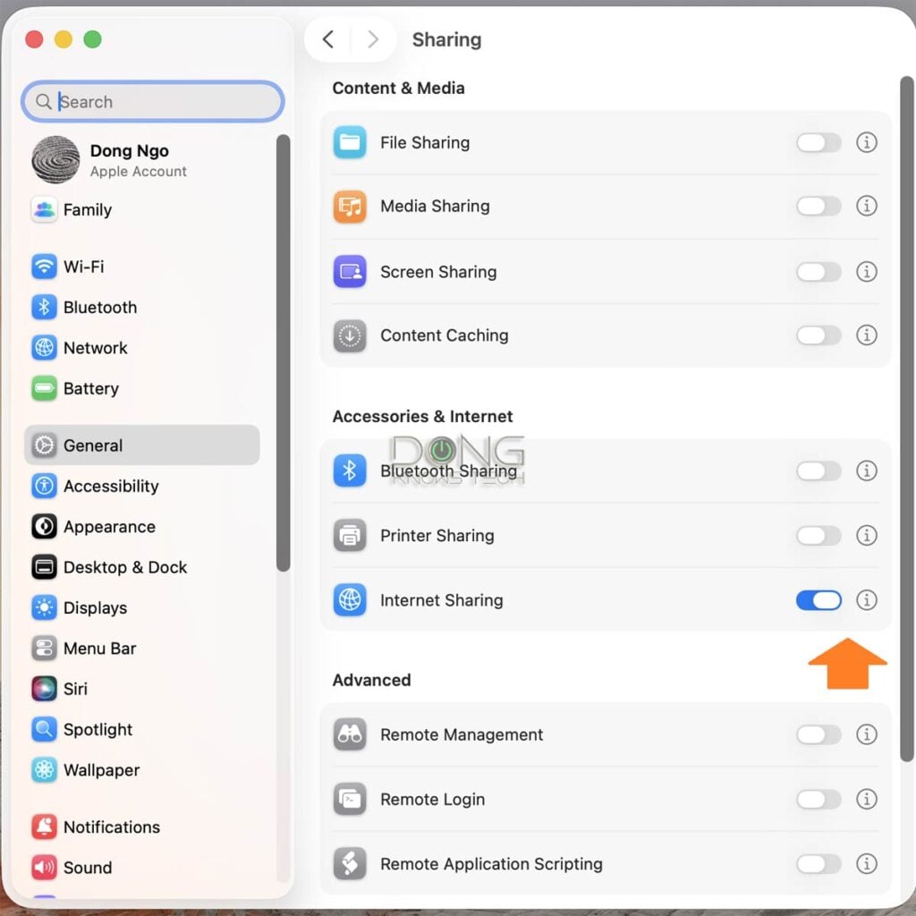 Internet sharing on a Mac in effect