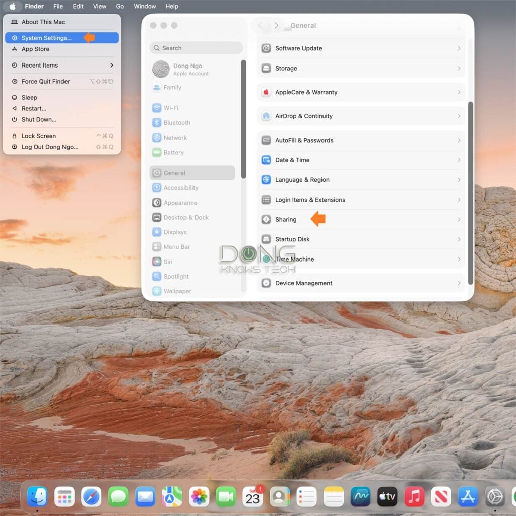Internet sharing on a Mac is within the Sharing section of the System Settings