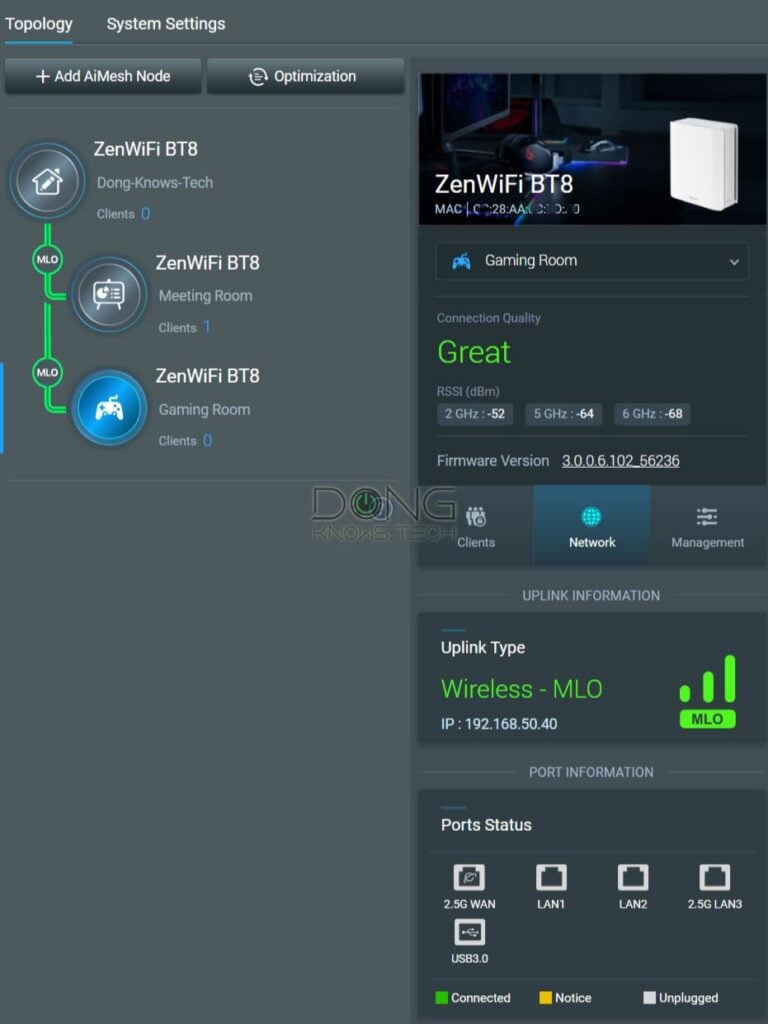 Multi-Link Operation: an ASUS ZenWiFi BT8 with MLO backhaul links