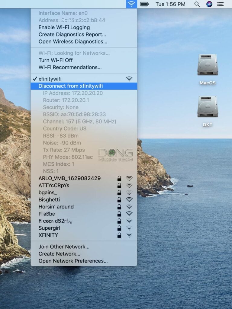 Clicking on the Wi-Fi icon while holding the Option key will give you lots of information don't the Wi-Fi connection as well as the option to disconnect the computer from a current Wi-Fi newtork.