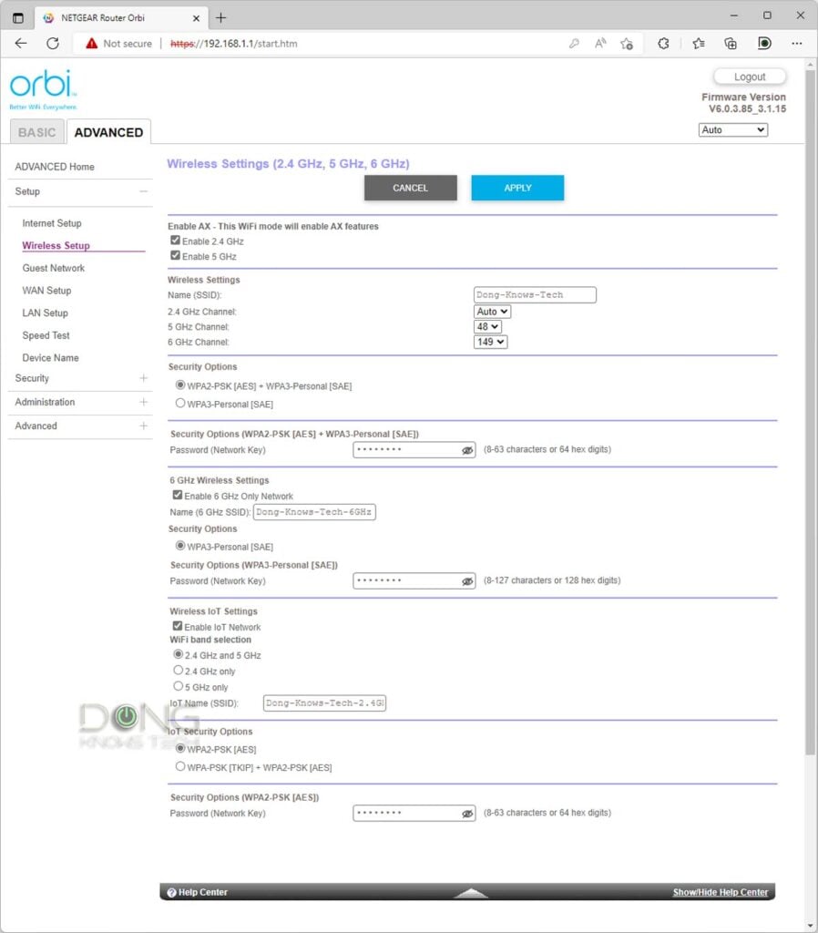 Orbi RBRE960 Advanced Wi Fi Settings