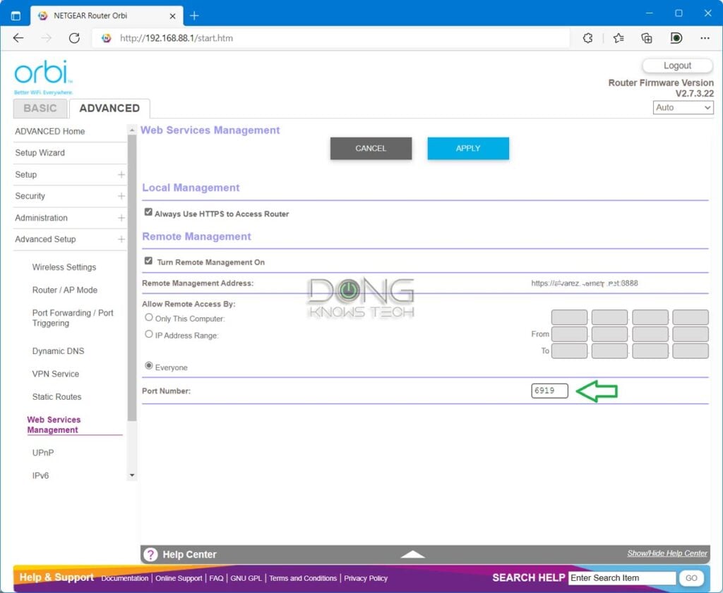 Orbi Web based remote management