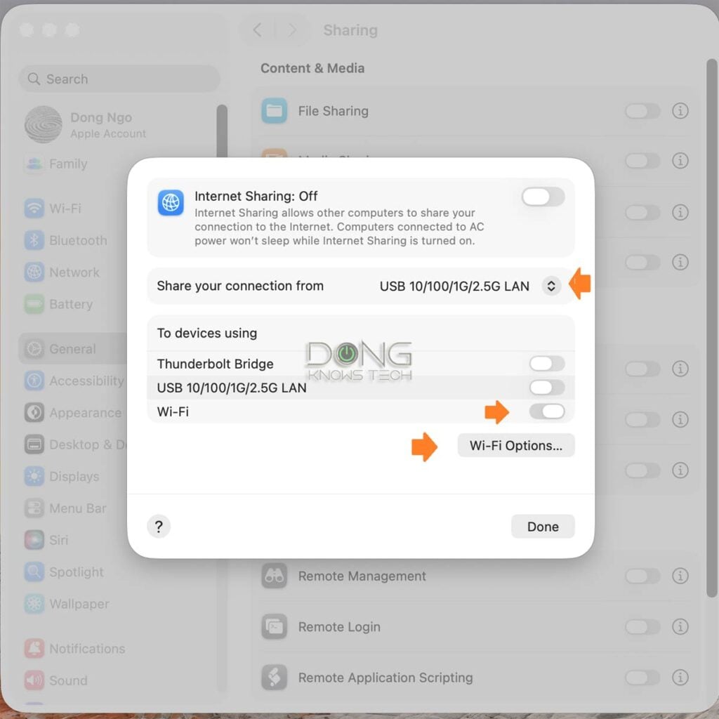 Picking the Internet source for sharing on a Mac