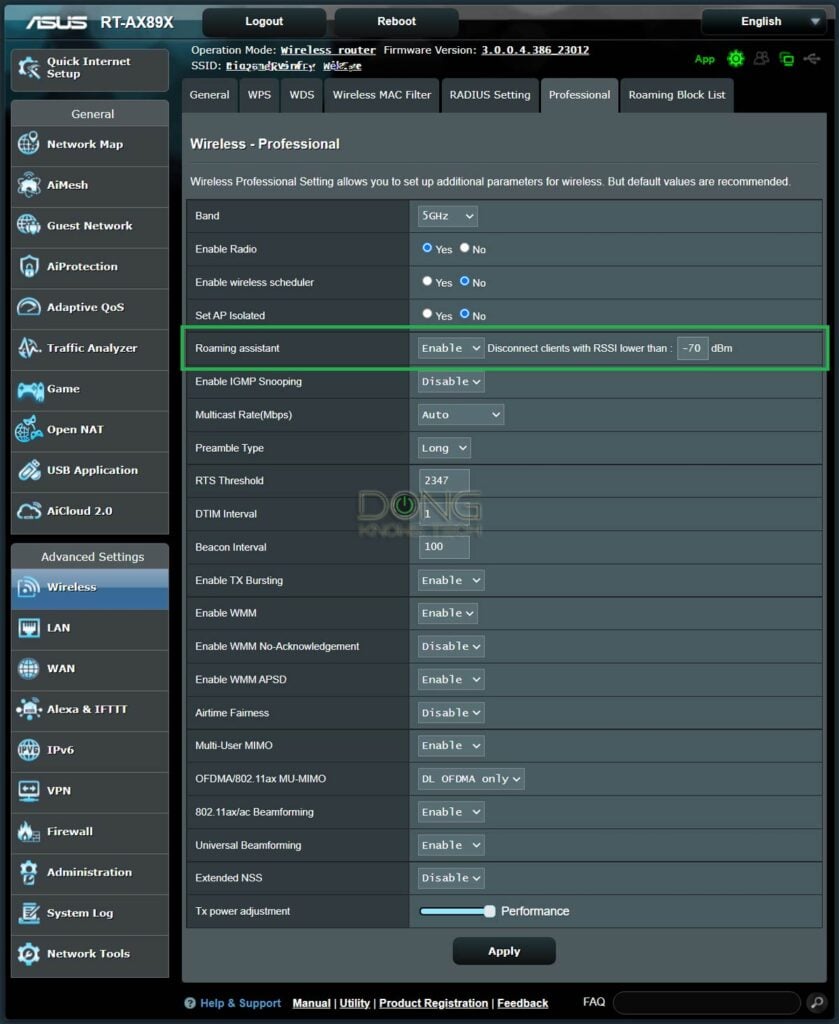 Roaming Assistant setting within an Asuss AiMesh router and the default Wi-Fi Signal Strength in dBm