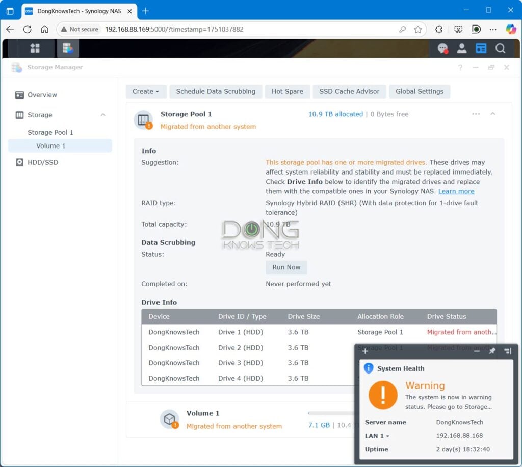 Synology Storage Lock-in: The Devilish Details and Its Current 2025 Stage of Play 4 Synology DS925+ storage lock-in warning when using third-party drives from a previous server.