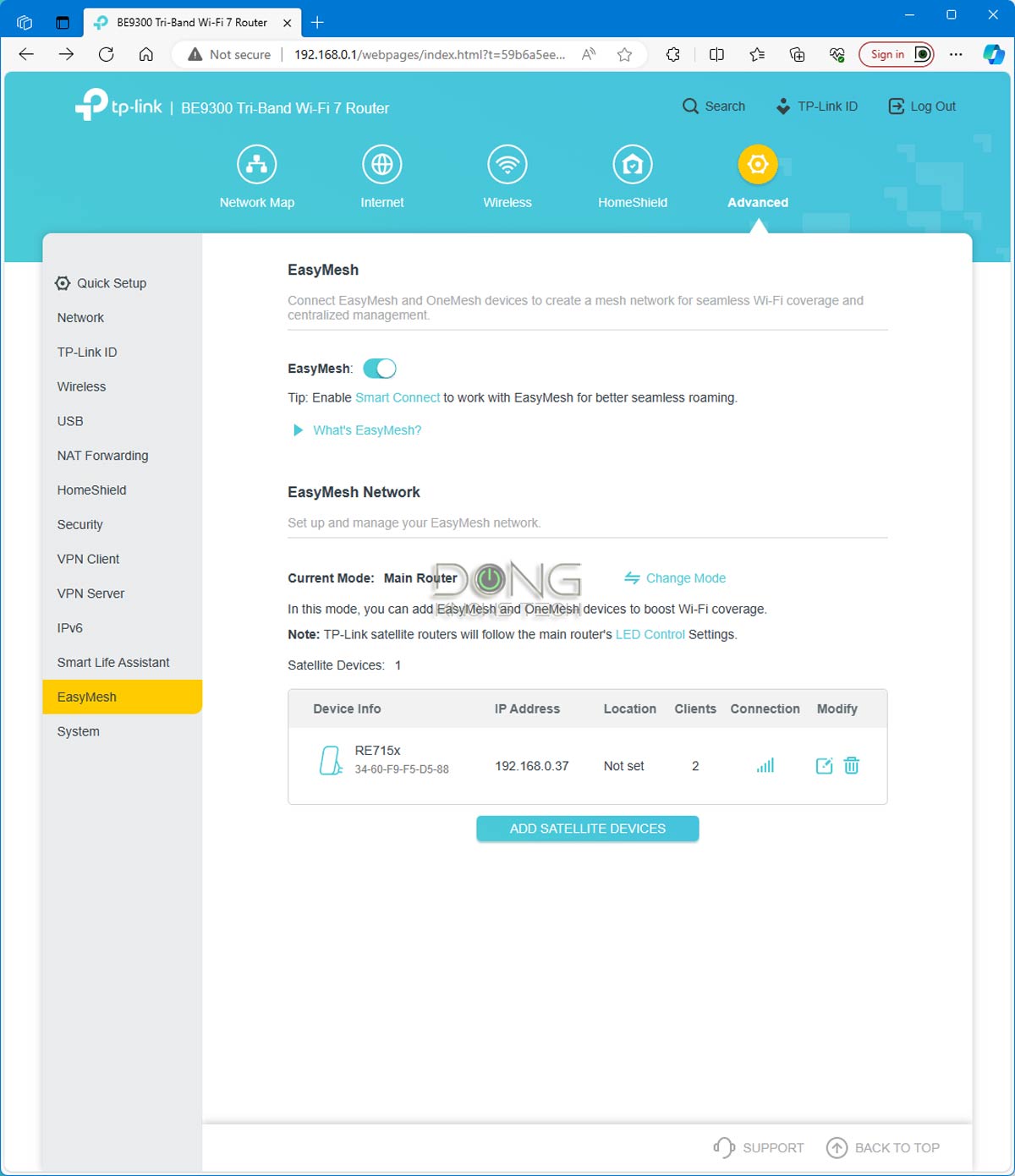 TP LInk EasyMesh Settings on the Router