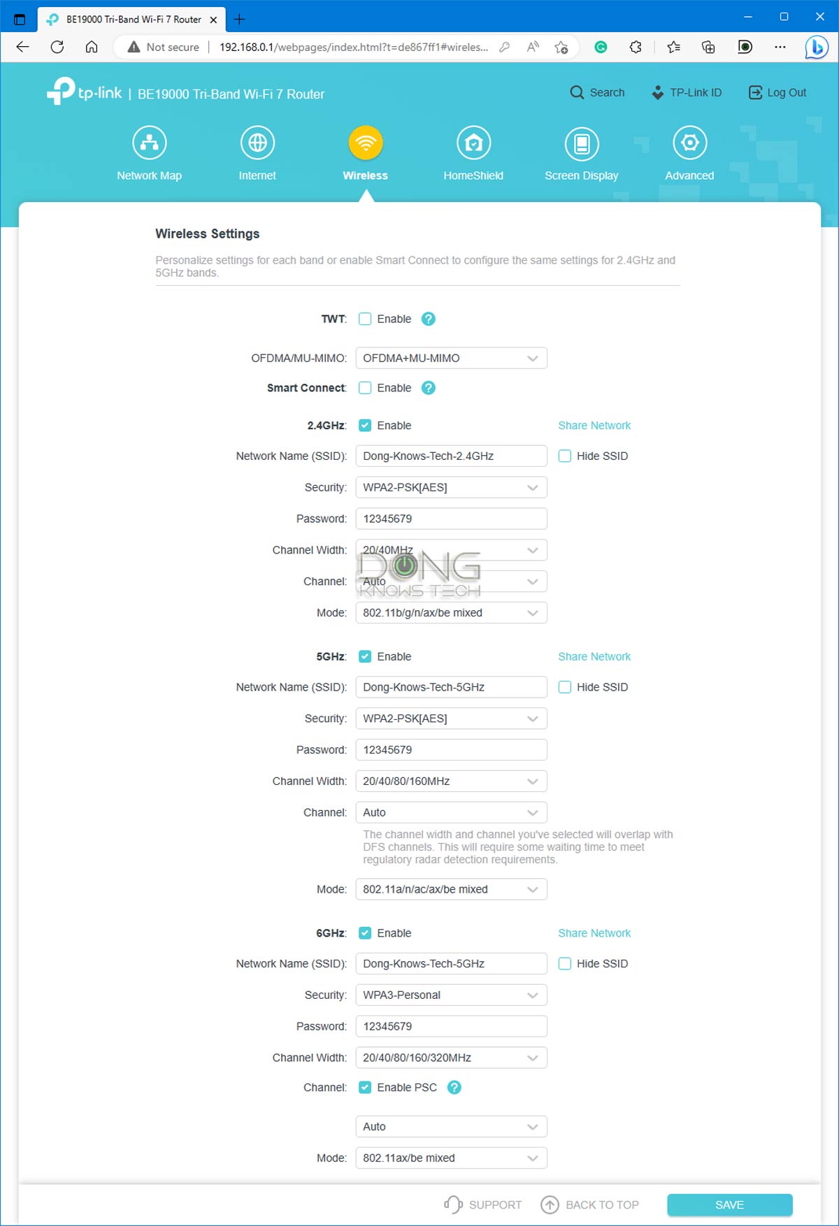 TP-Link Archer BE800 Wi-Fi Settings Top