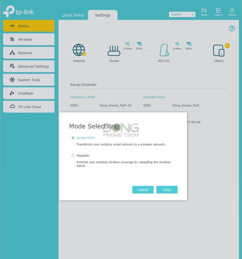 TP-Link RE715X switch mode AP vs. extender