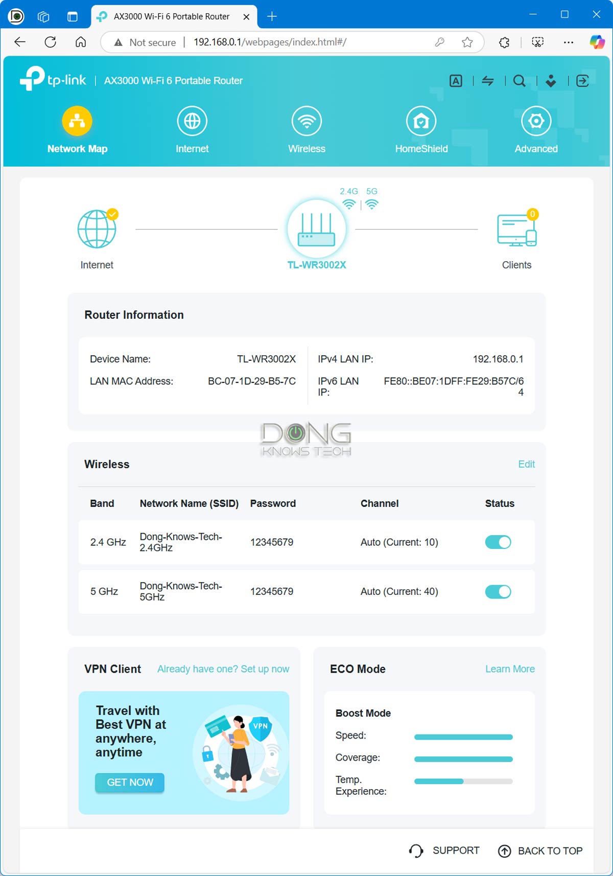 TP-Link TL-WR3002X Dashboard