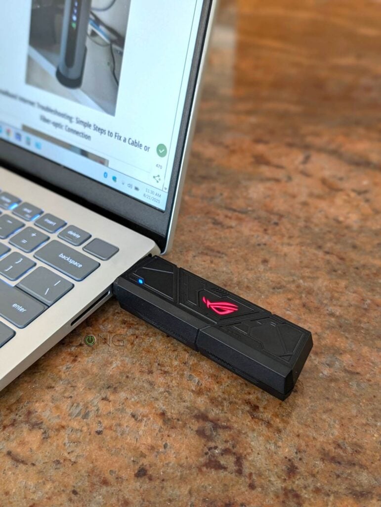ASUS ROG USB-BE92 Review (vs. NETGEAR Nighthawk A9000): A Flexible and Effective Wi-Fi 7 Upgrade 21 The ASUS ROG USB BE92 is being tested