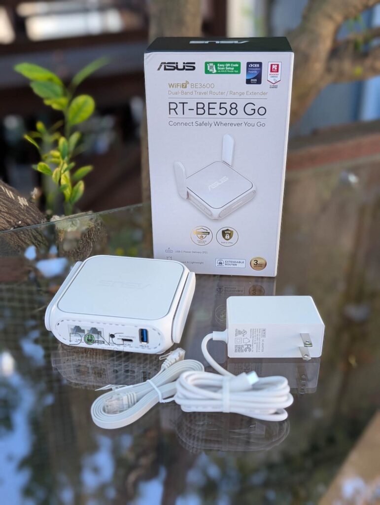 ASUS RT-BE58 Go Review (vs. TP-Link TL-WR3602BE): A Compact and Flexible Dual-Band Wi-Fi 7 1 The ASUS RT BE58 Go comes with a USB C charger and a network cable