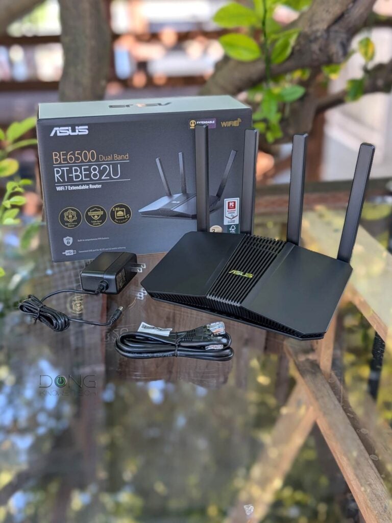 The ASUS RT-BE82U comes with a 100V 240V power adapter and a network cable out of the box.