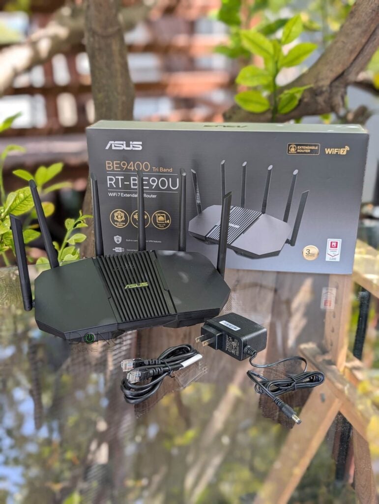 The ASUS RT-BE90U includes a network cable and a 100V 240V power adapter out of the box